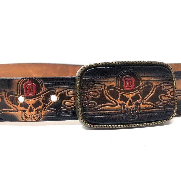 VTG Brass Skull FD Helmet Buckle Embossed Belt Mens 38 Black Leather Fire Dept - Picture 7 of 12